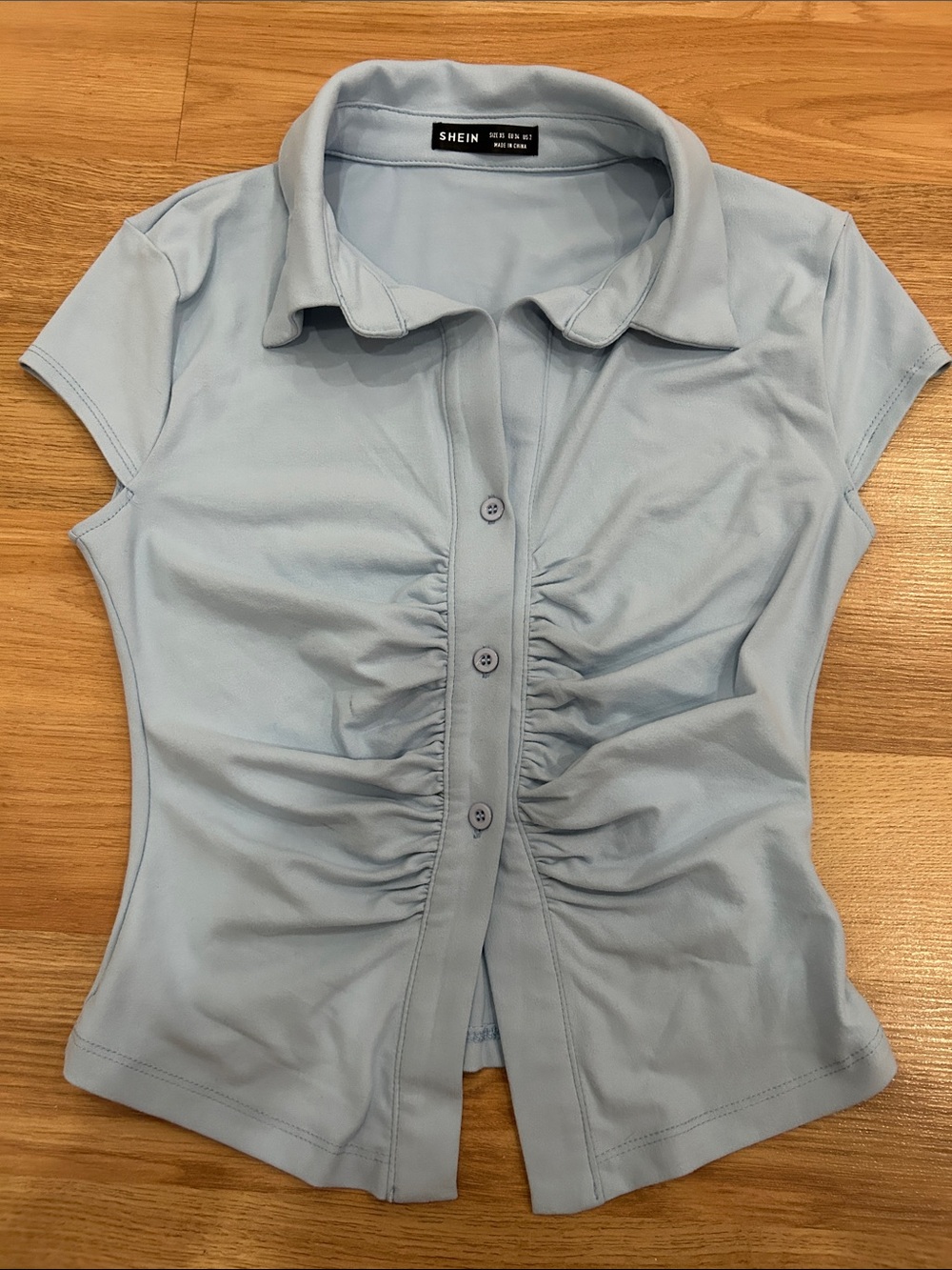 SHEIN Pale Blue Ruched Button-Front Short Sleeve Collared Top